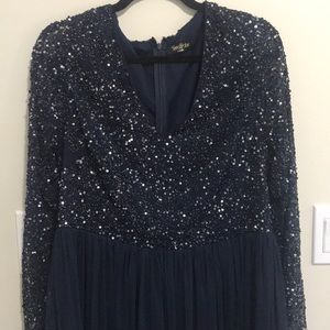 Midnight blue chiffon and sparkly midi dress